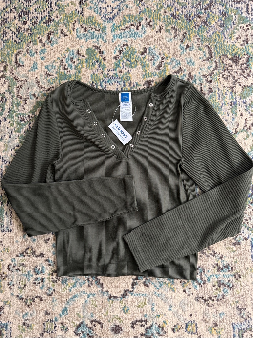 Old Navy Olive Ribbed Long-Sleeve V-Neck Top with Grommet Detail